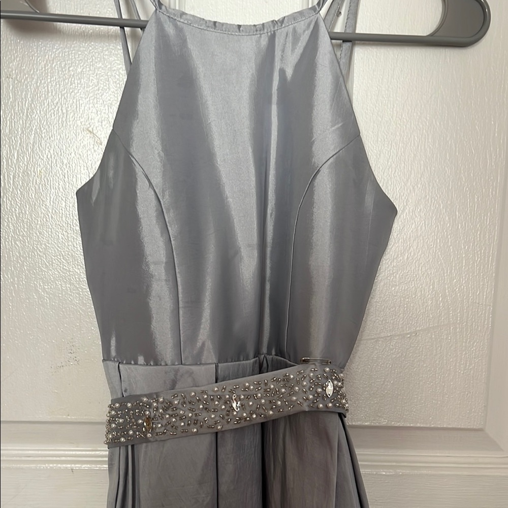 Elegant Silver Dress with Beaded Waist
